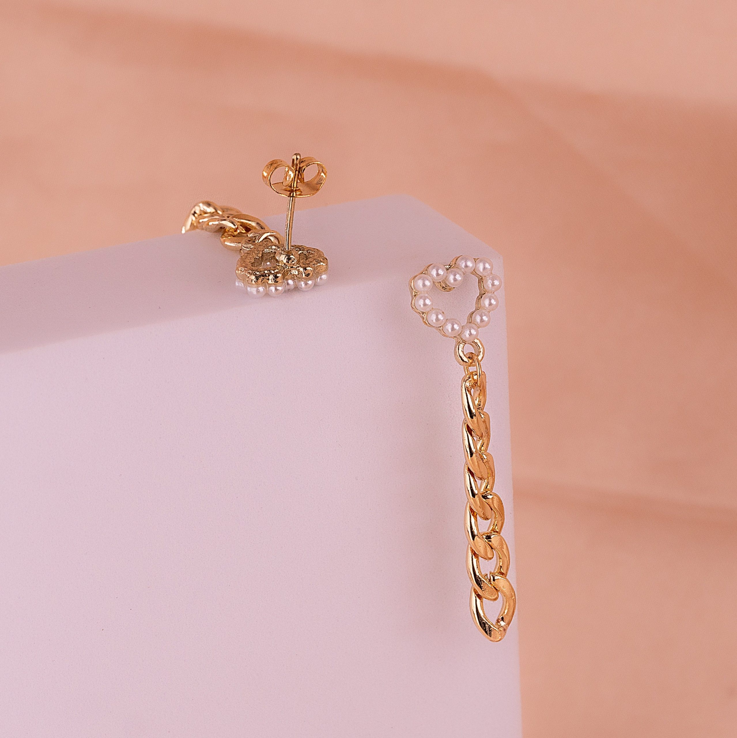 Aretes Corazones Perlas Cadenas