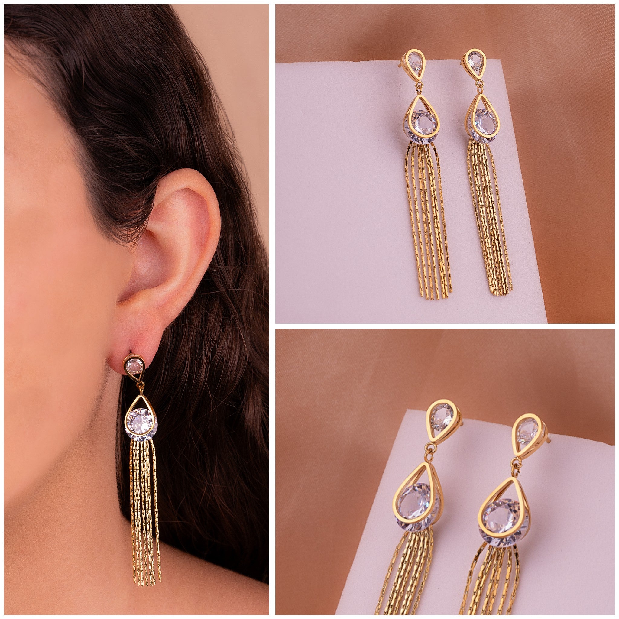 Aretes Gotas Cristal Dorados