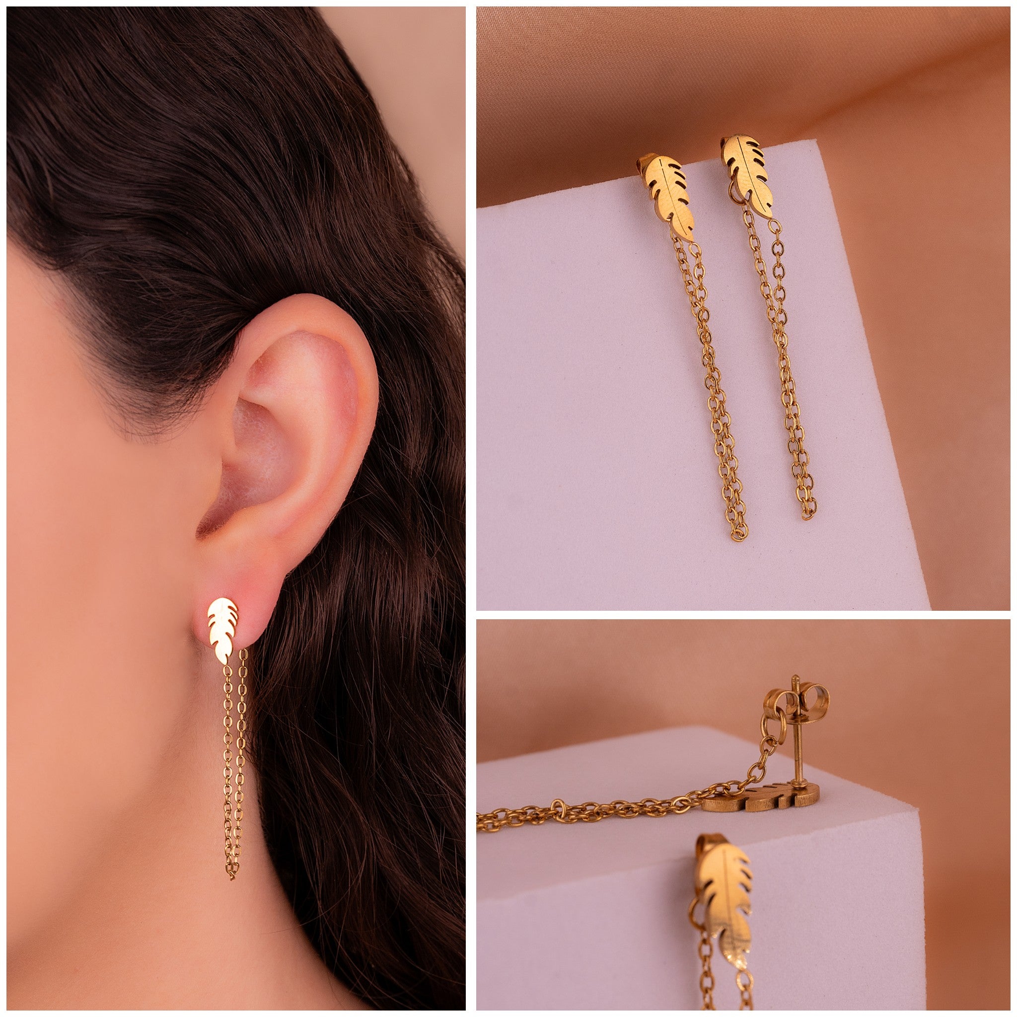 Aretes Hojas Cadena Dorados