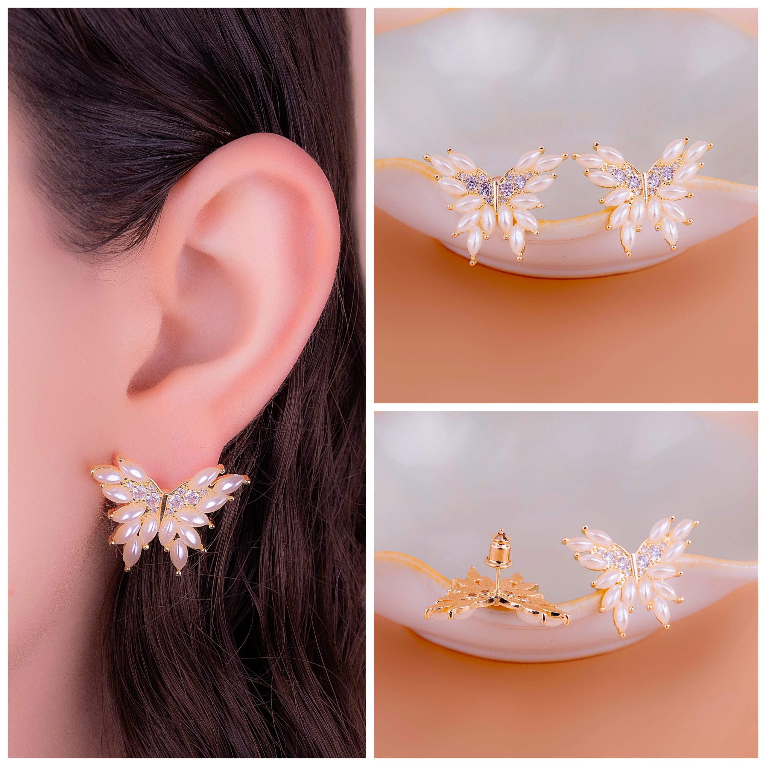 Aretes Mariposas Perlas Doradas