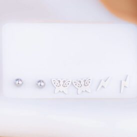 Set X 3 Pares Topitos Rayos Mariposas Plateados Set X 3 Pares Topitos Rayos Mariposas Plateados